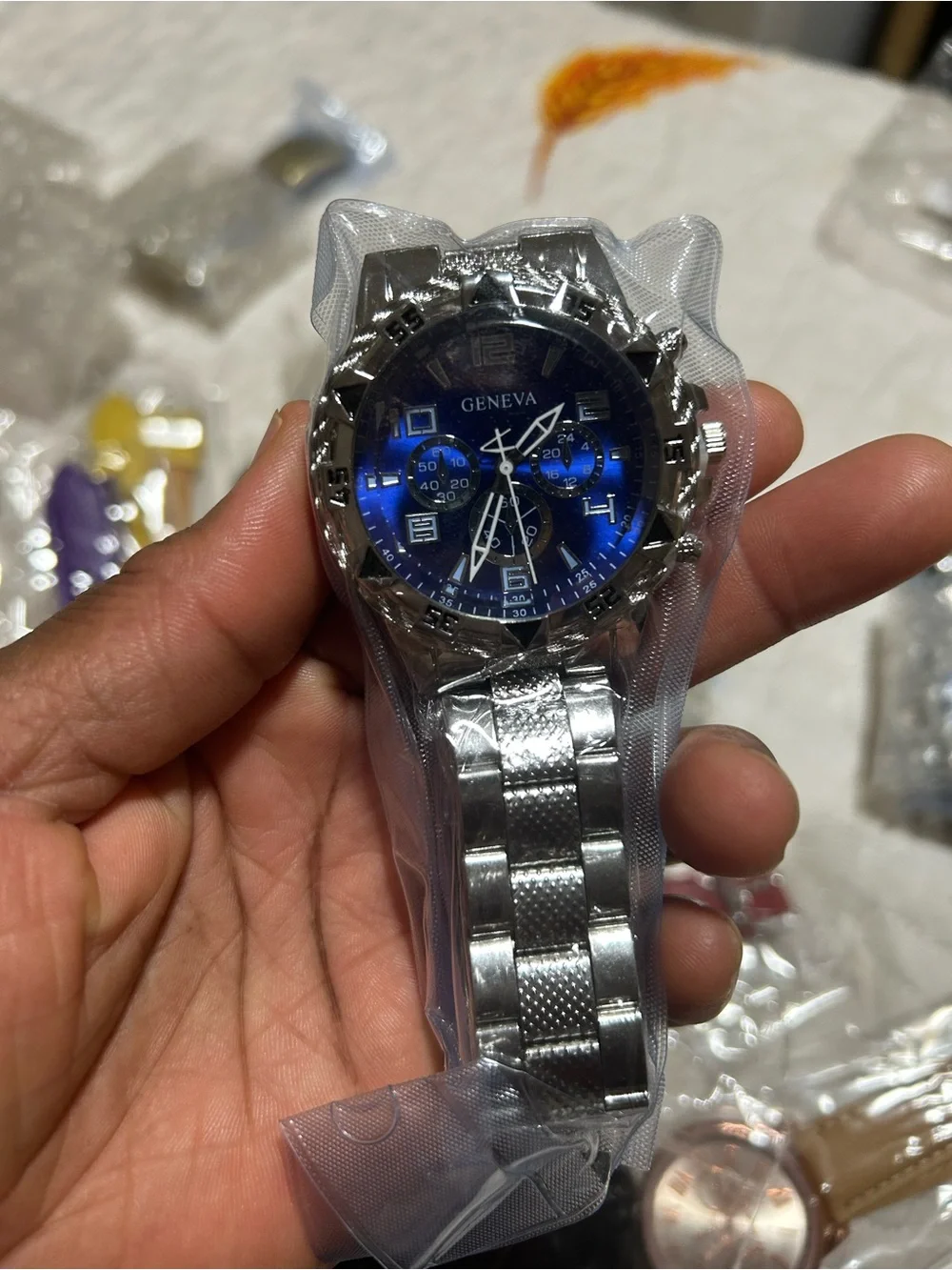 Geneva Silver Watch with Blue Dial and Silver Bracelet